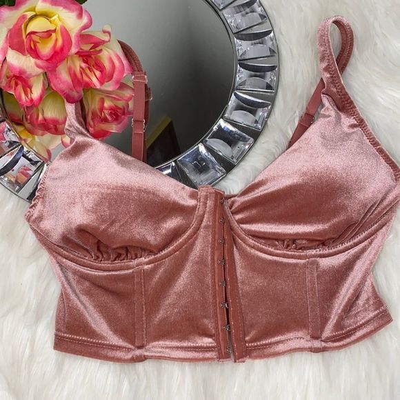 Vintage Other - Vintage Blush Pink Rose Gold Velvet Corset Balconette Underwire Bra 34B